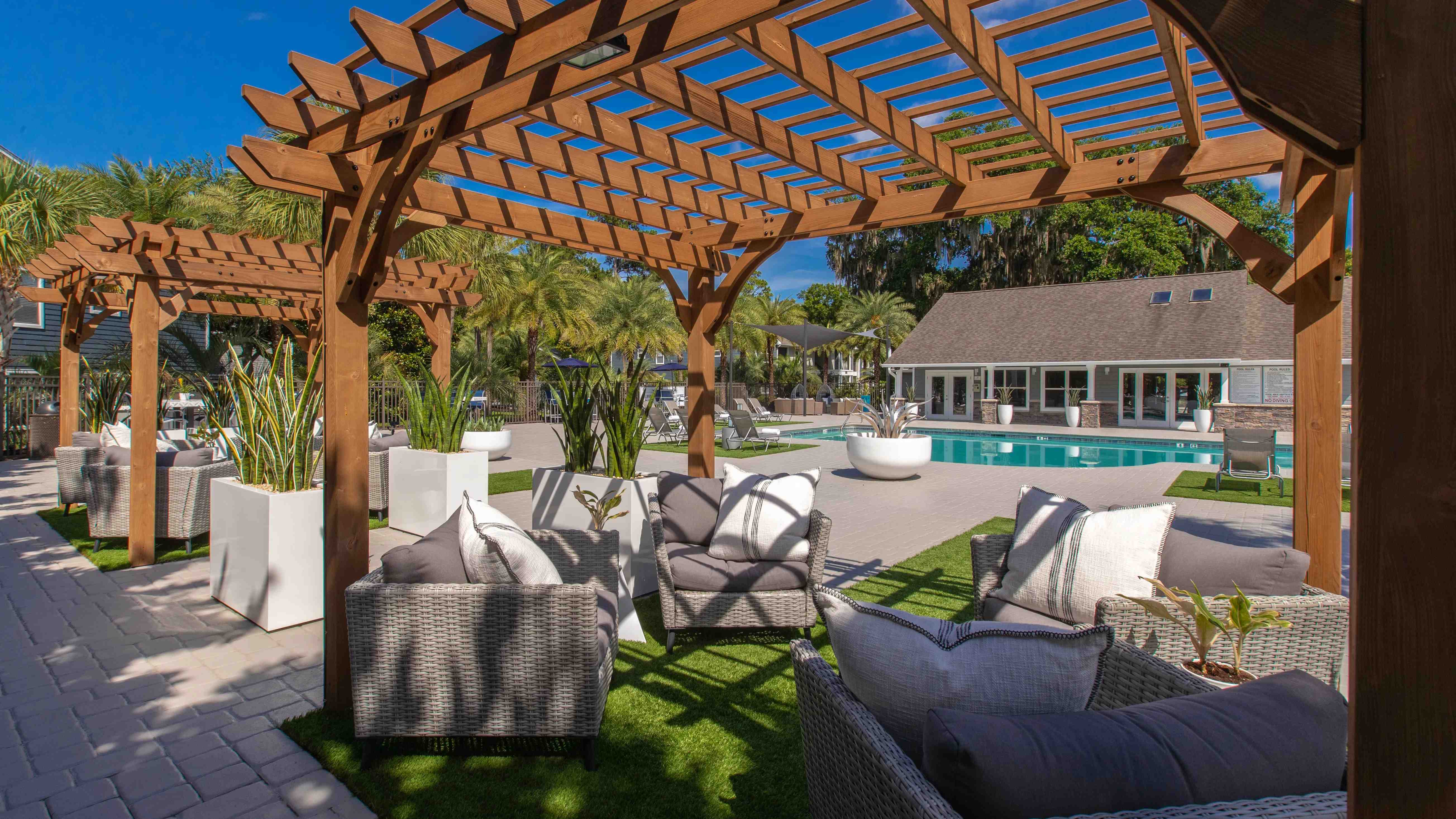 Our poolside pergolas not only add charm, but also provide the perfect balance of sunlight and shade for residents to savor poolside moments.