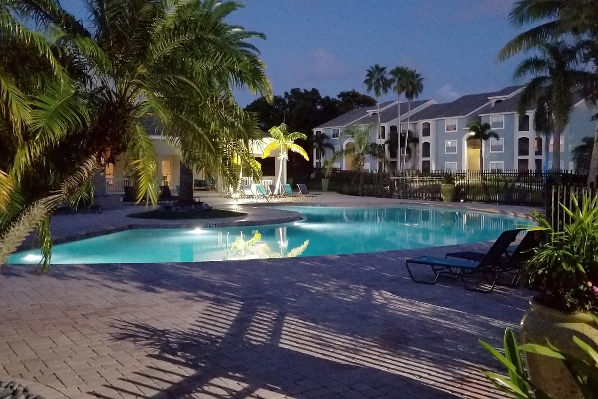 Enjoy tranquil views of our pool area at night. 