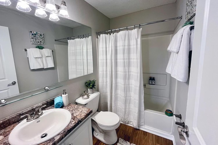 Bathrooms featuring wood-style flooring, granite-style countertops, and large mirrors.
