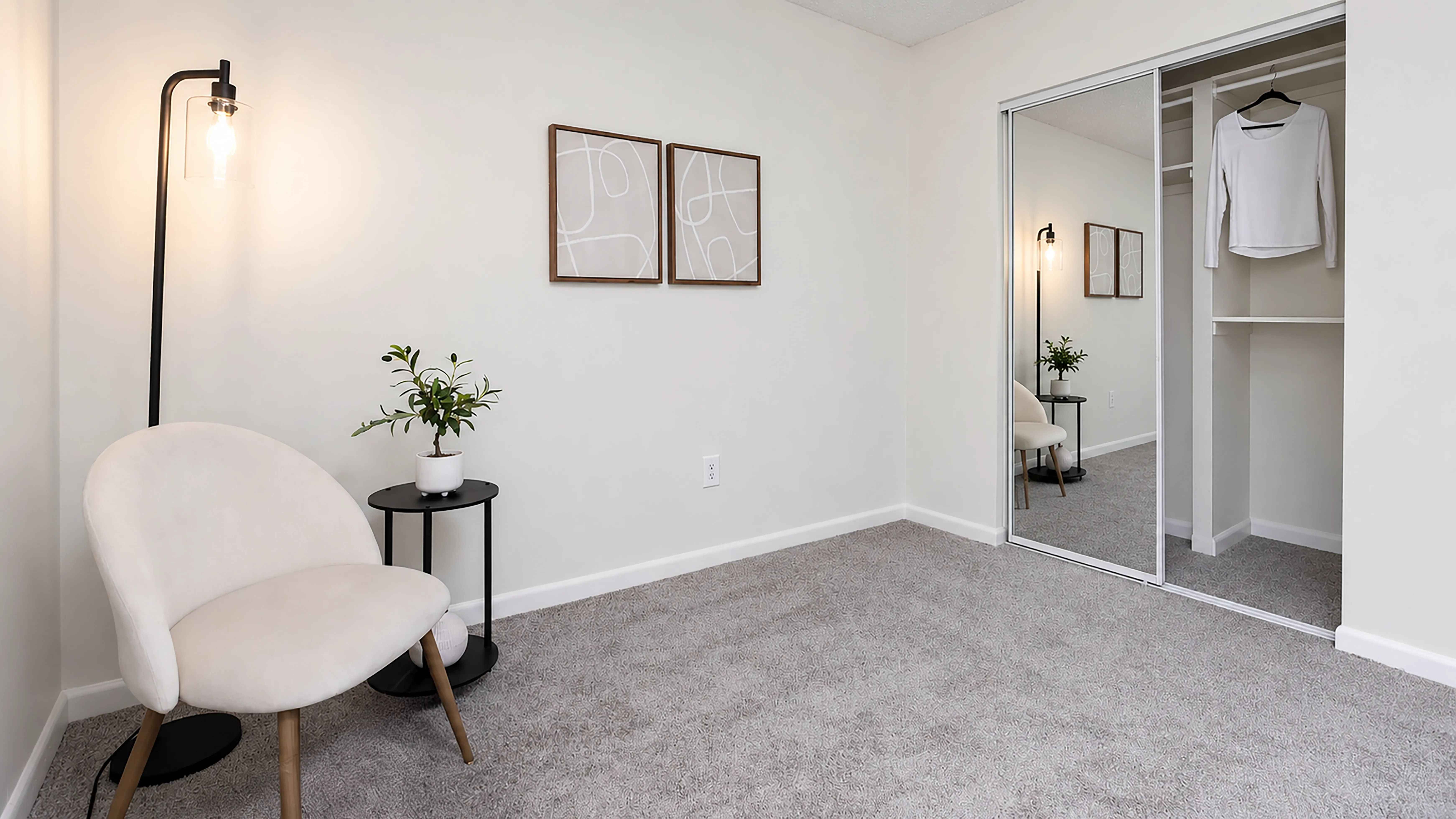 Designed with comfort in mind, our bedrooms feature plush carpeting, a calming neutral palette, and mirrored closet doors, creating a cozy and inviting space that feels like home.