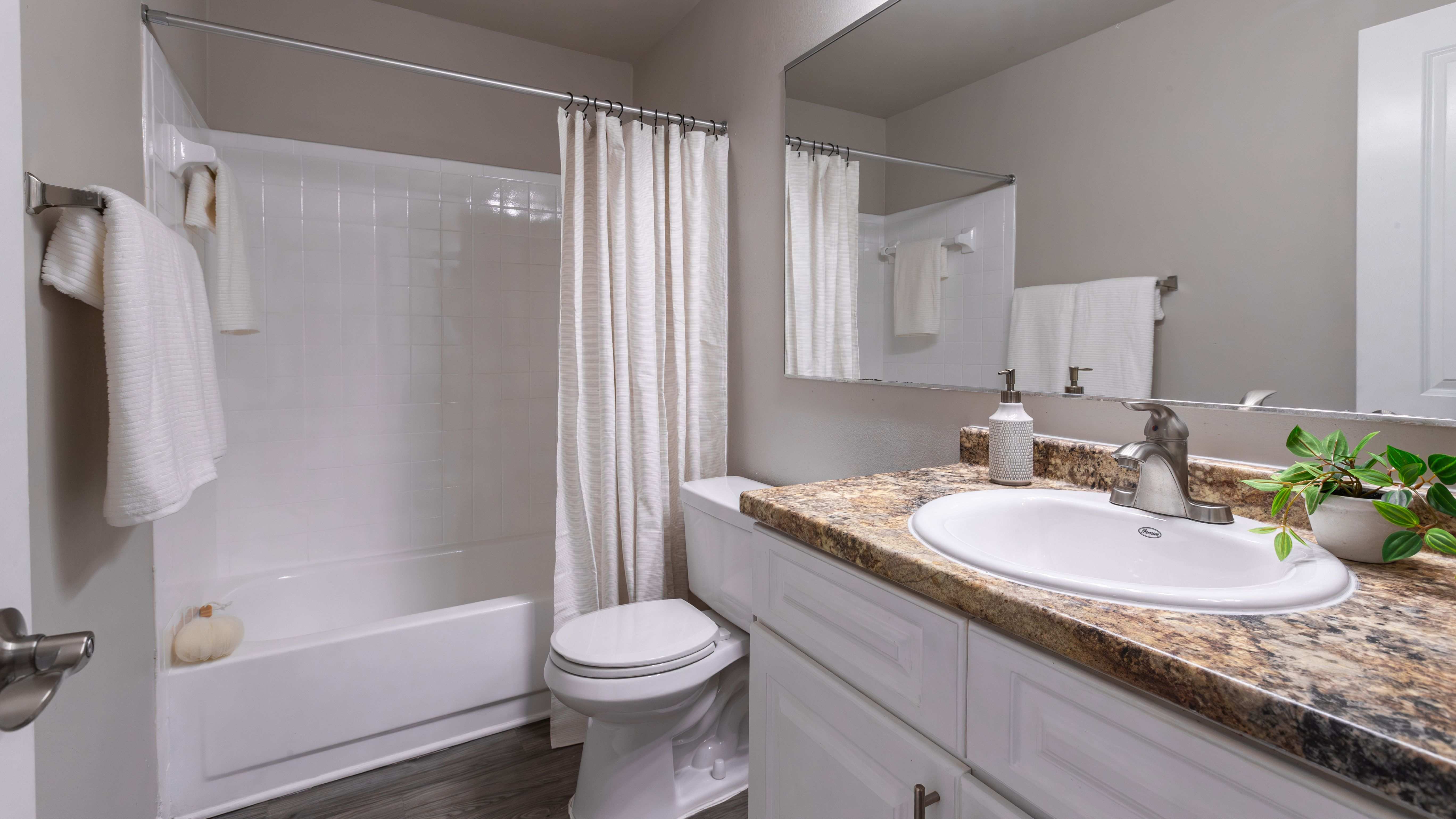 Our updated bathrooms feature a spacious vanity with granite-inspired countertops, brushed nickel fixtures, and a large mirror.