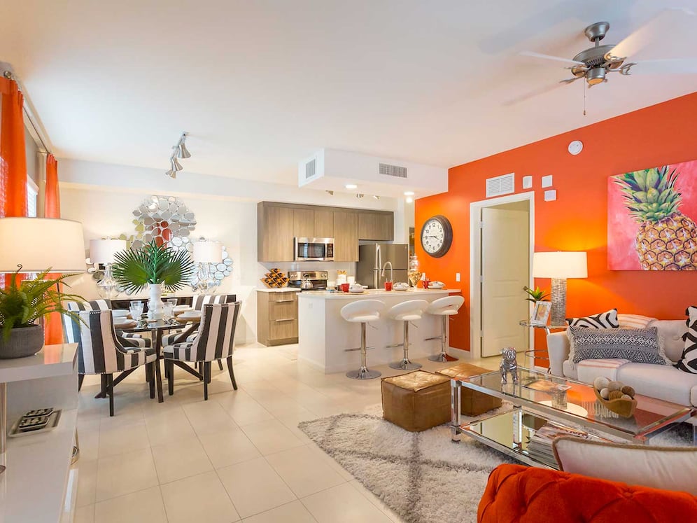 Living, dining and kitchen area