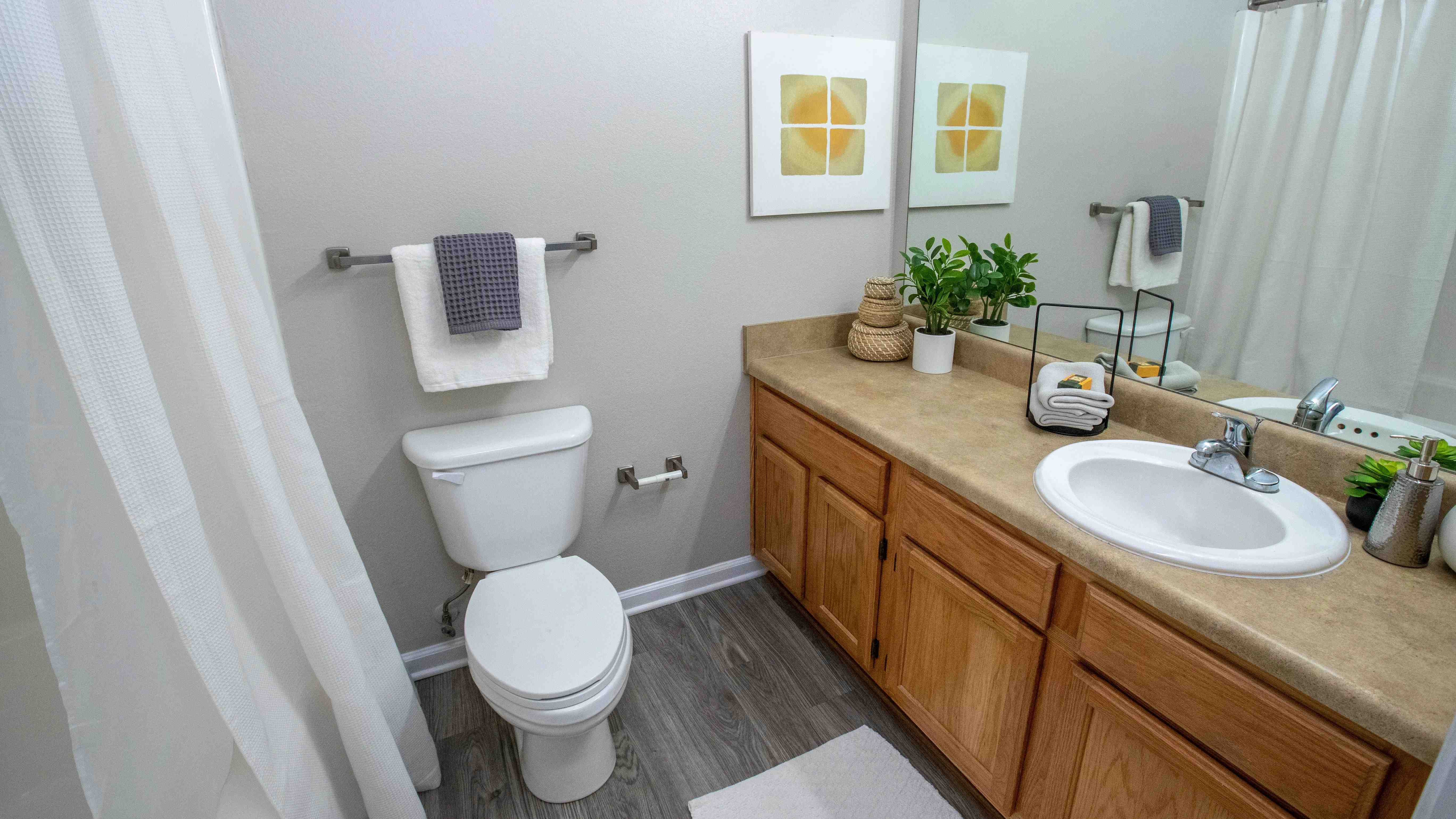 Unwind in the master suite bathroom, graced by an oversized vanity, wood-style flooring, and an expansive wall-to-wall mirror. 