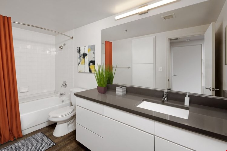 Renovated Package III kitchen, living, and dining areas with hard surface flooring