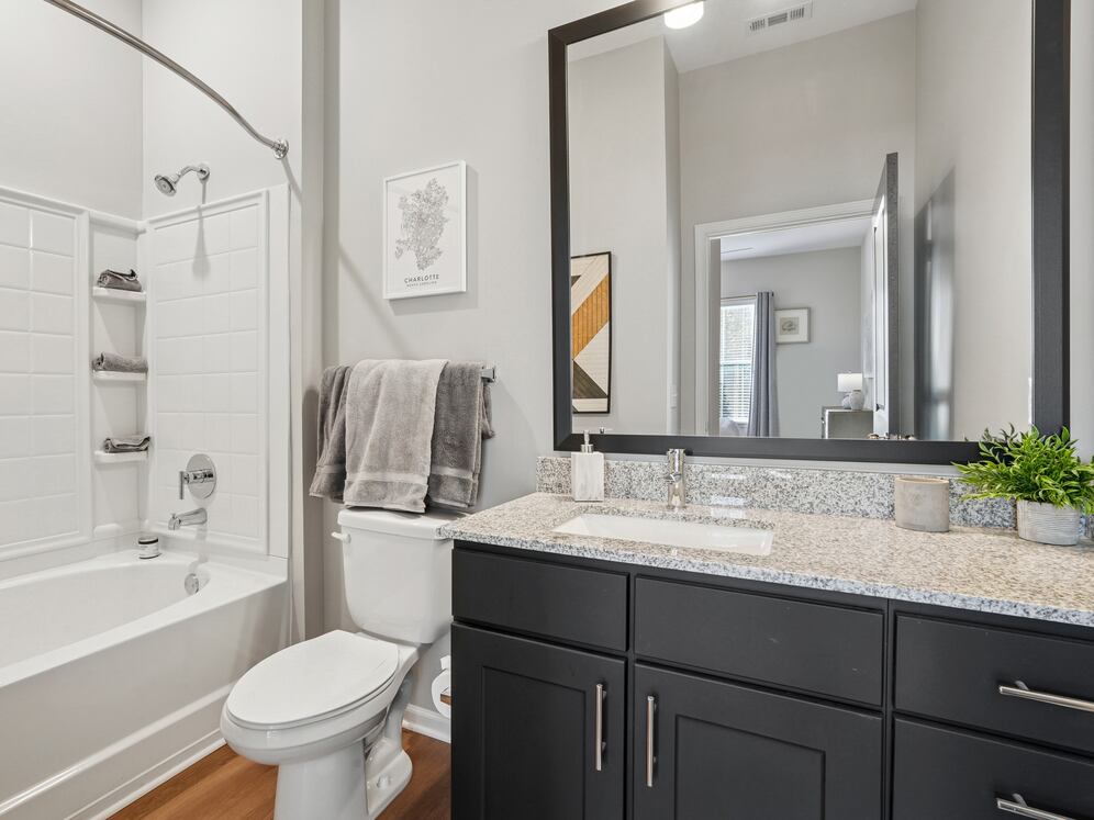 Bath with dark cabinetry, speckled granite countertops, and hard surface flooring
