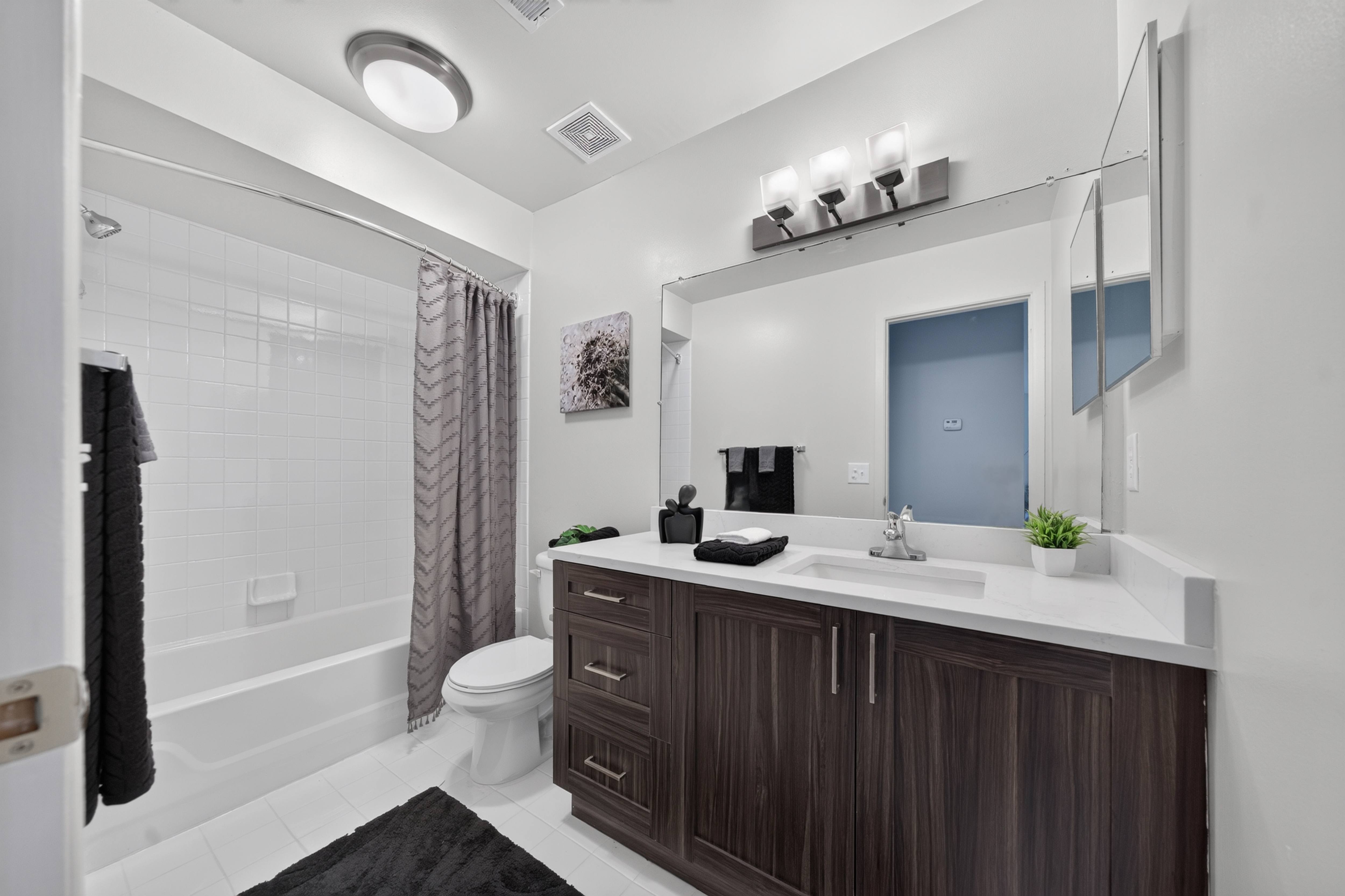 Modern bathroom with bathtub at Franklin River Apartments in Southfield, MI.