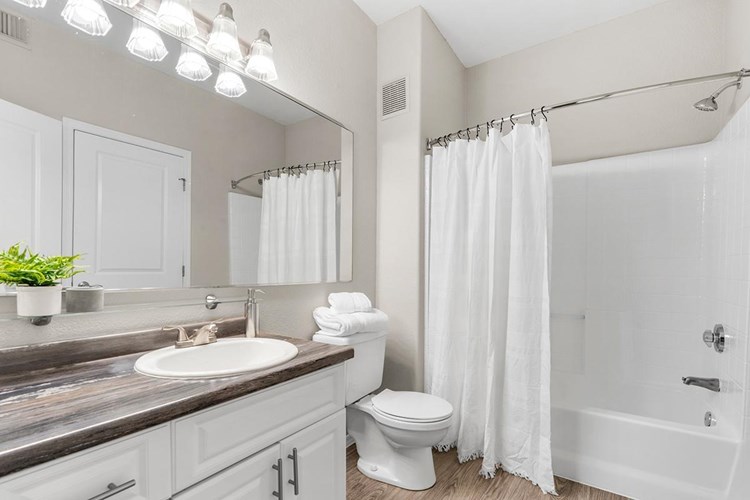 Large bathroom with renovated vanity and lighting.