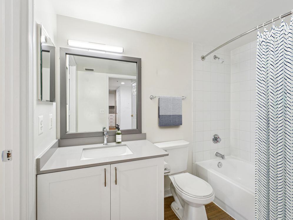 Renovated Package II bath with white cabinetry, grey quartz countertops, and hard surface flooring