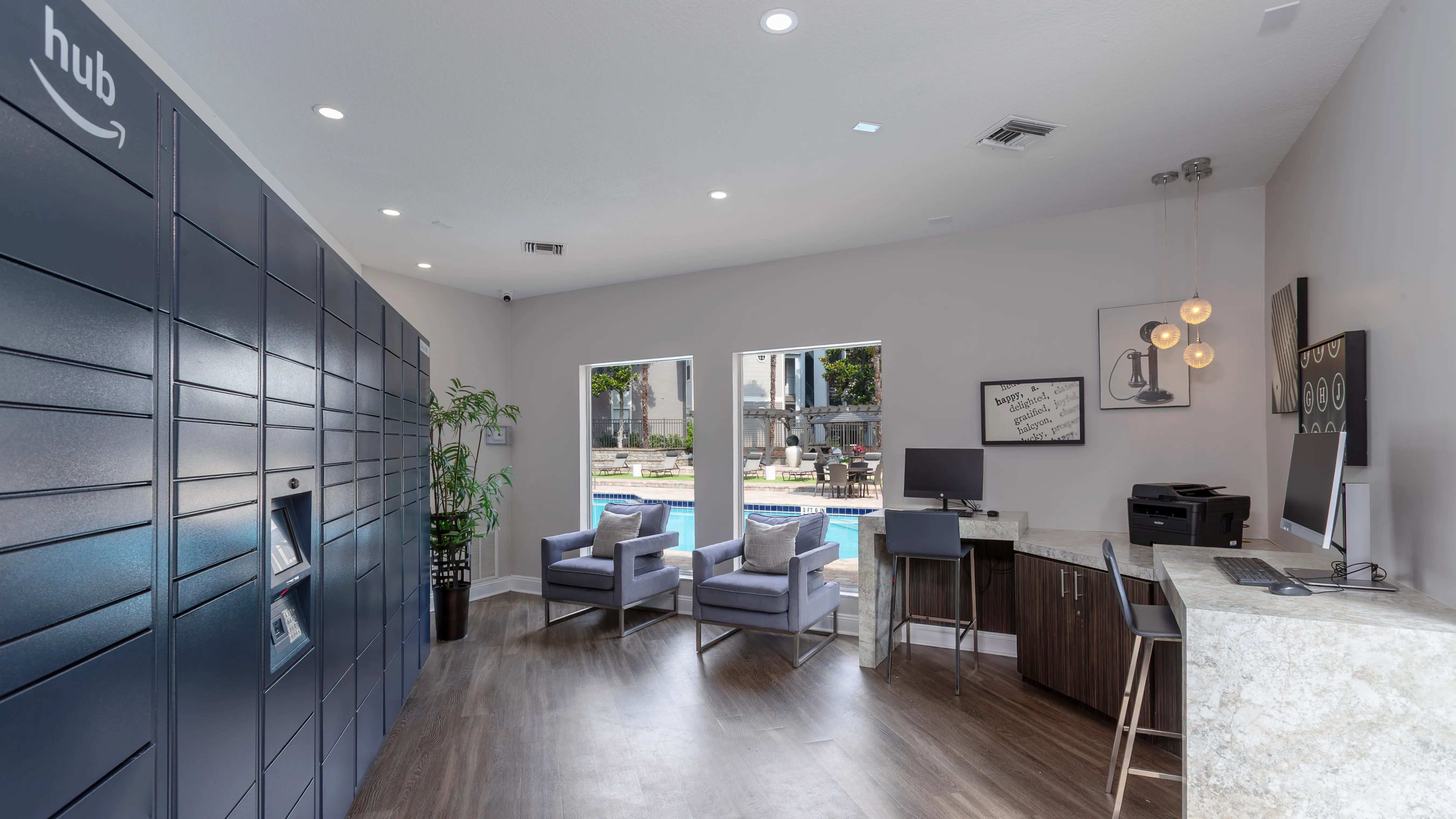 Stay connected and productive in our modern business center, complete with high-speed internet, printing services, and secure Amazon Hub lockers for 24/7 package pick-up.