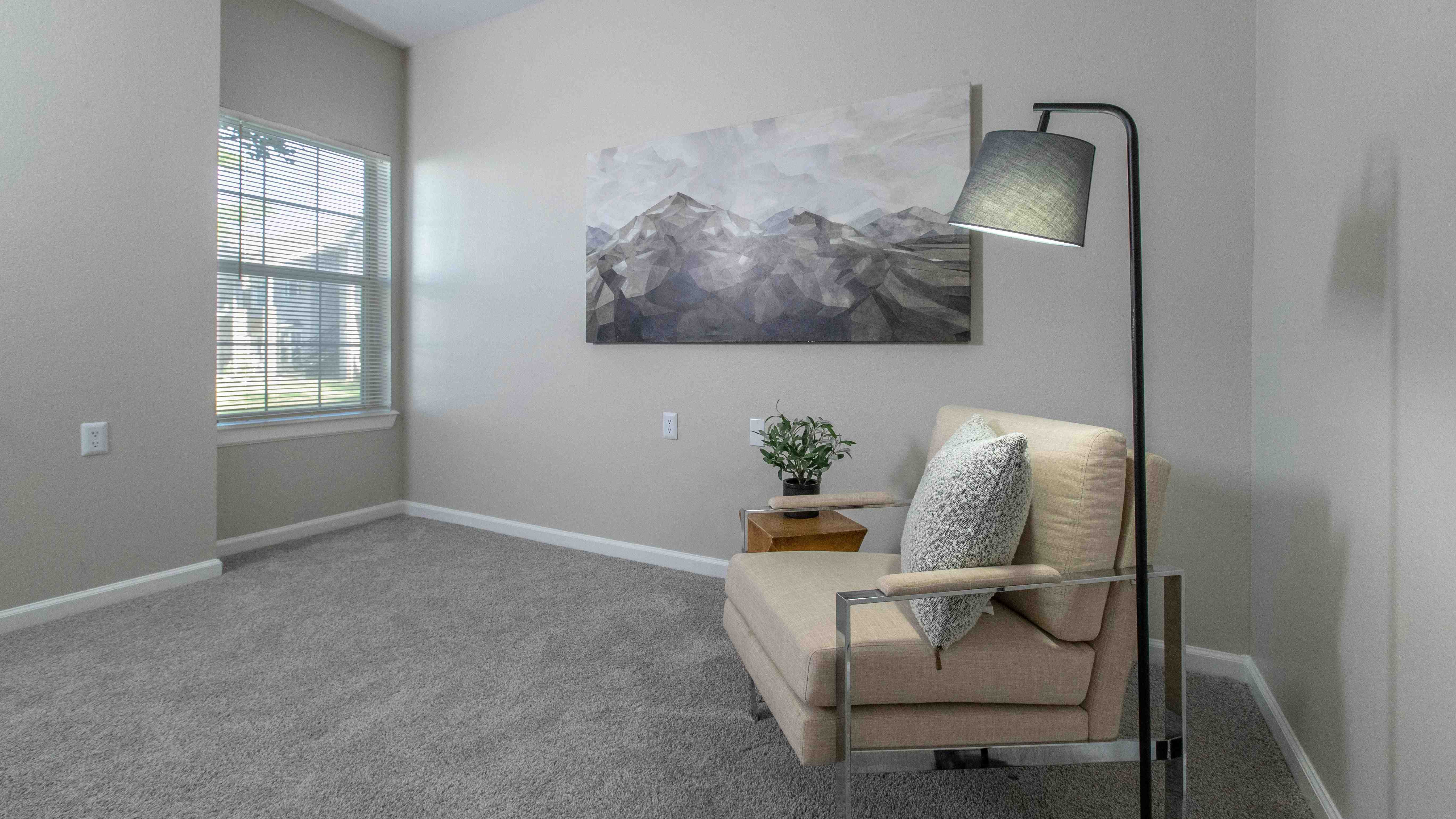 Experience bedroom tranquility with sunlit views and multi-speed ceiling fans, designed to enhance your comfort and relaxation.