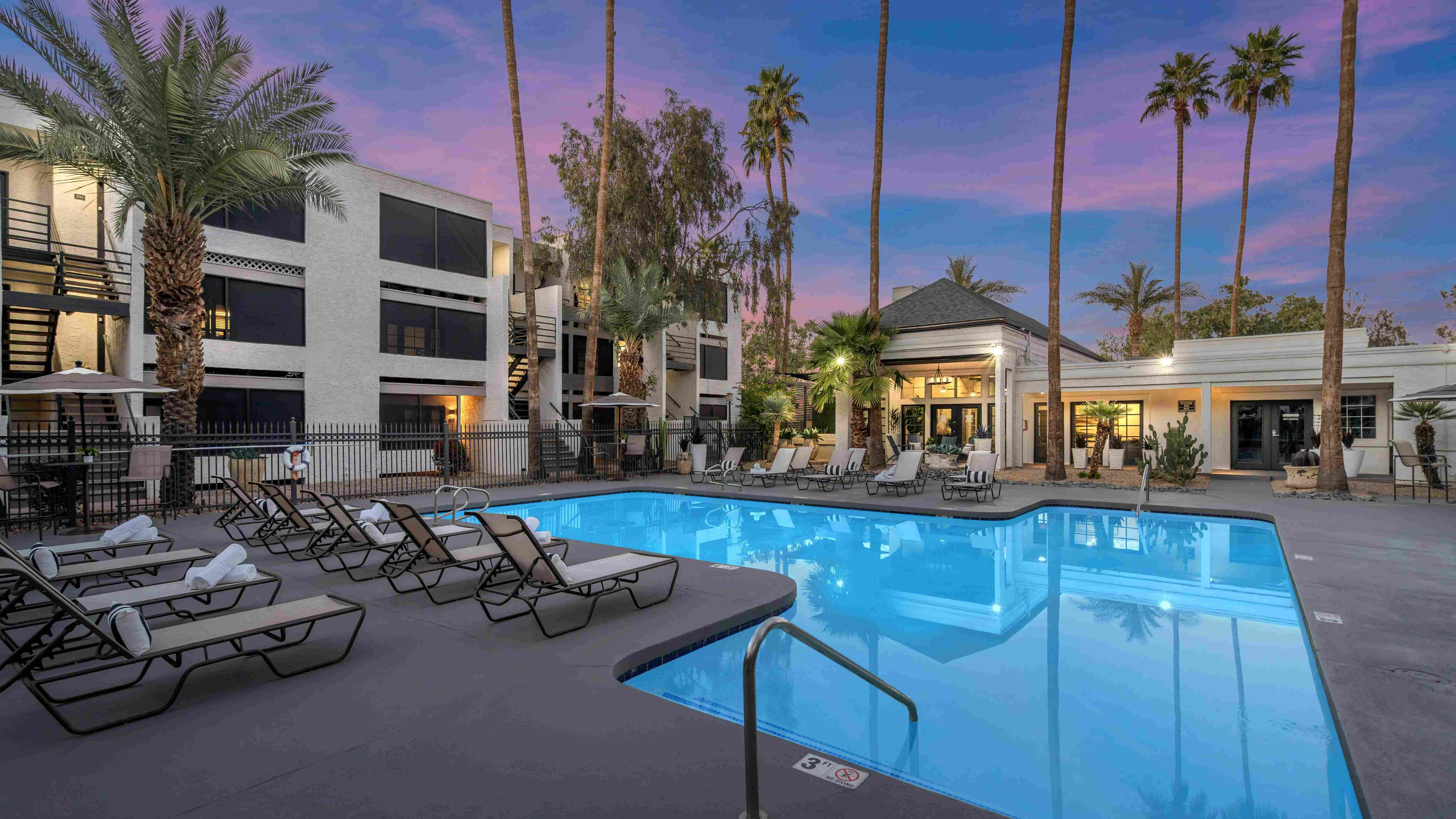 Experience the magic of Arizona evenings with plush loungers, shared seating, and serene ambiance, it's the perfect place to relax under a breathtaking sunset.