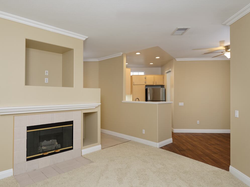 Living room with fireplace and carpet