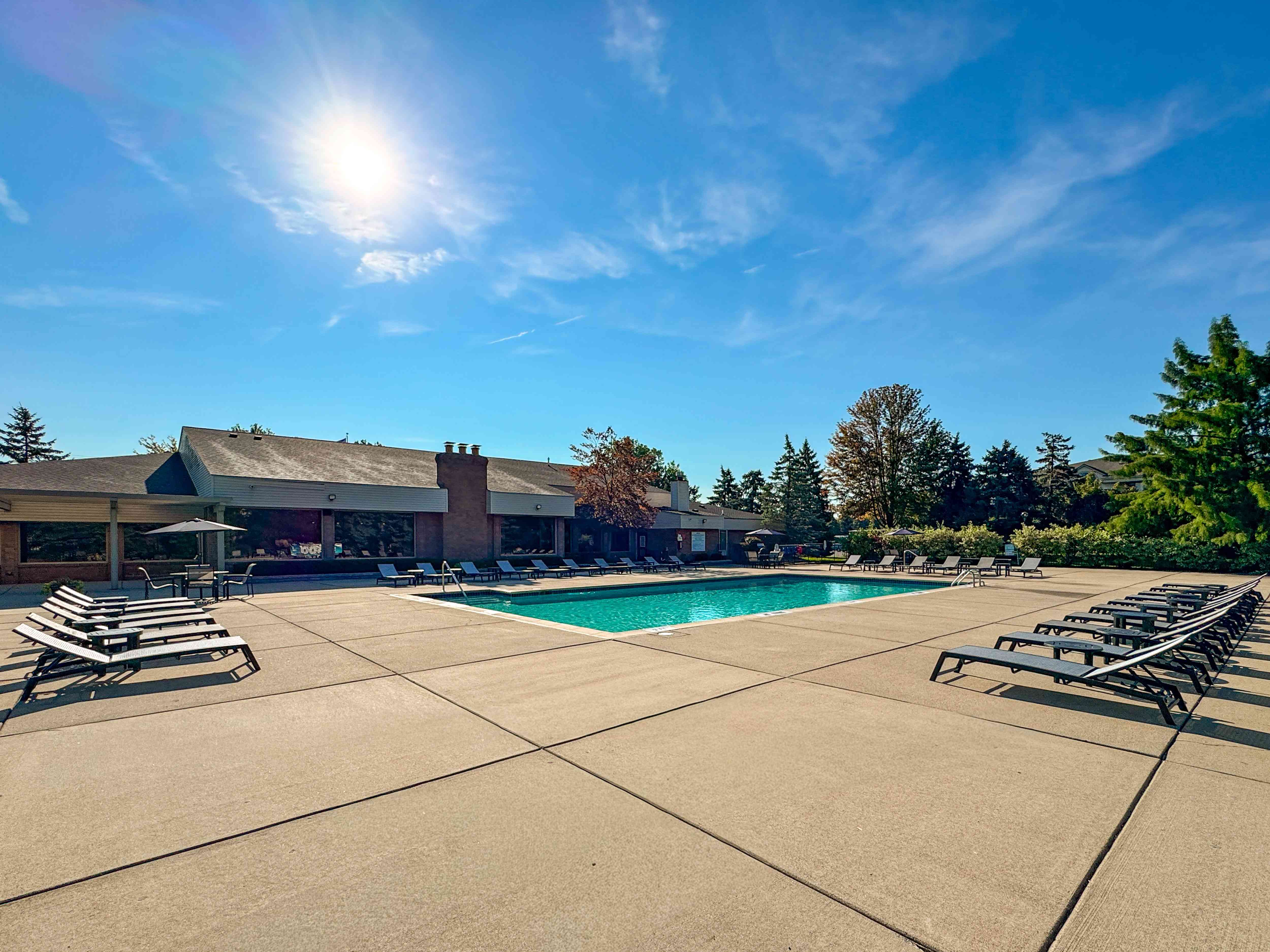 Heated pool and sauna at Prentiss Pointe Apartments in Harrison Township, MI
