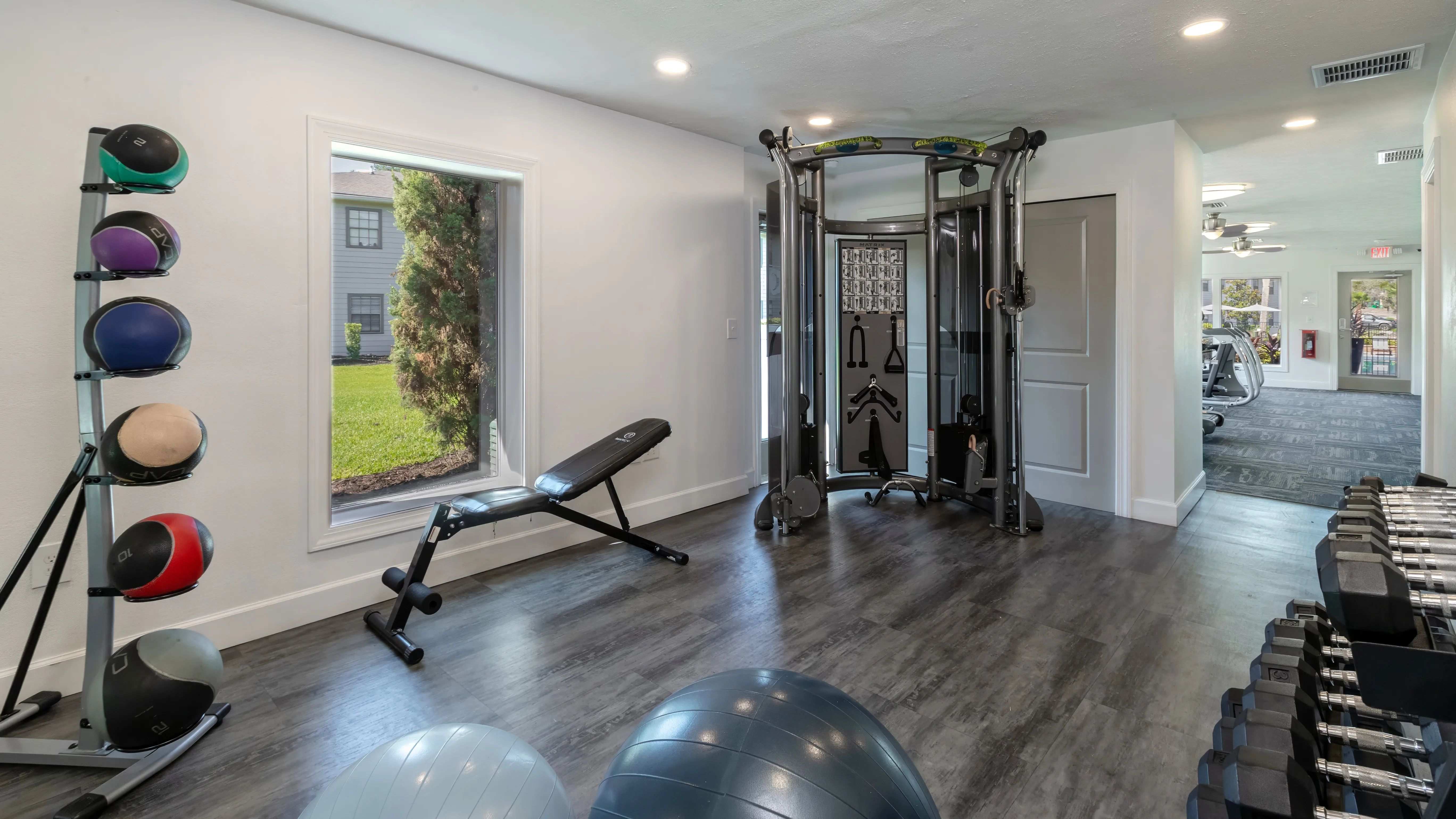 Get fit with our weight training equipment, offering modern machines, medicine balls, and free weights for a complete workout. 