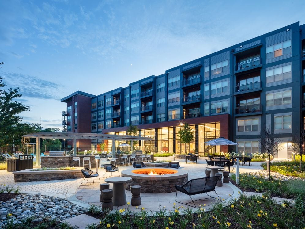 Courtyard with seating areas and fire pit