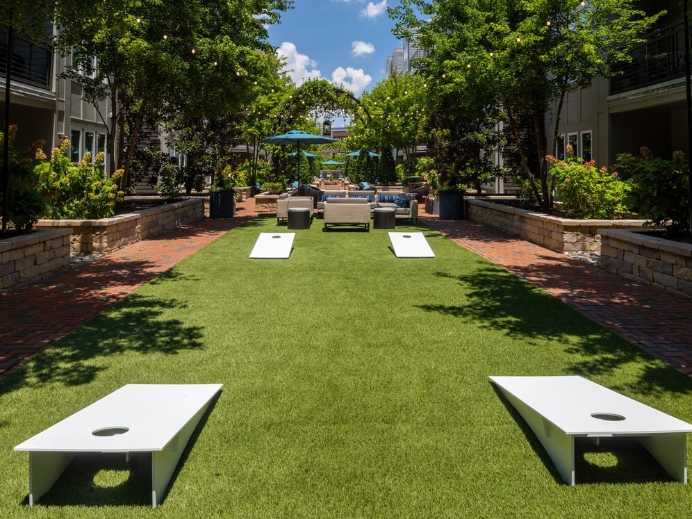Courtyard with cornhole