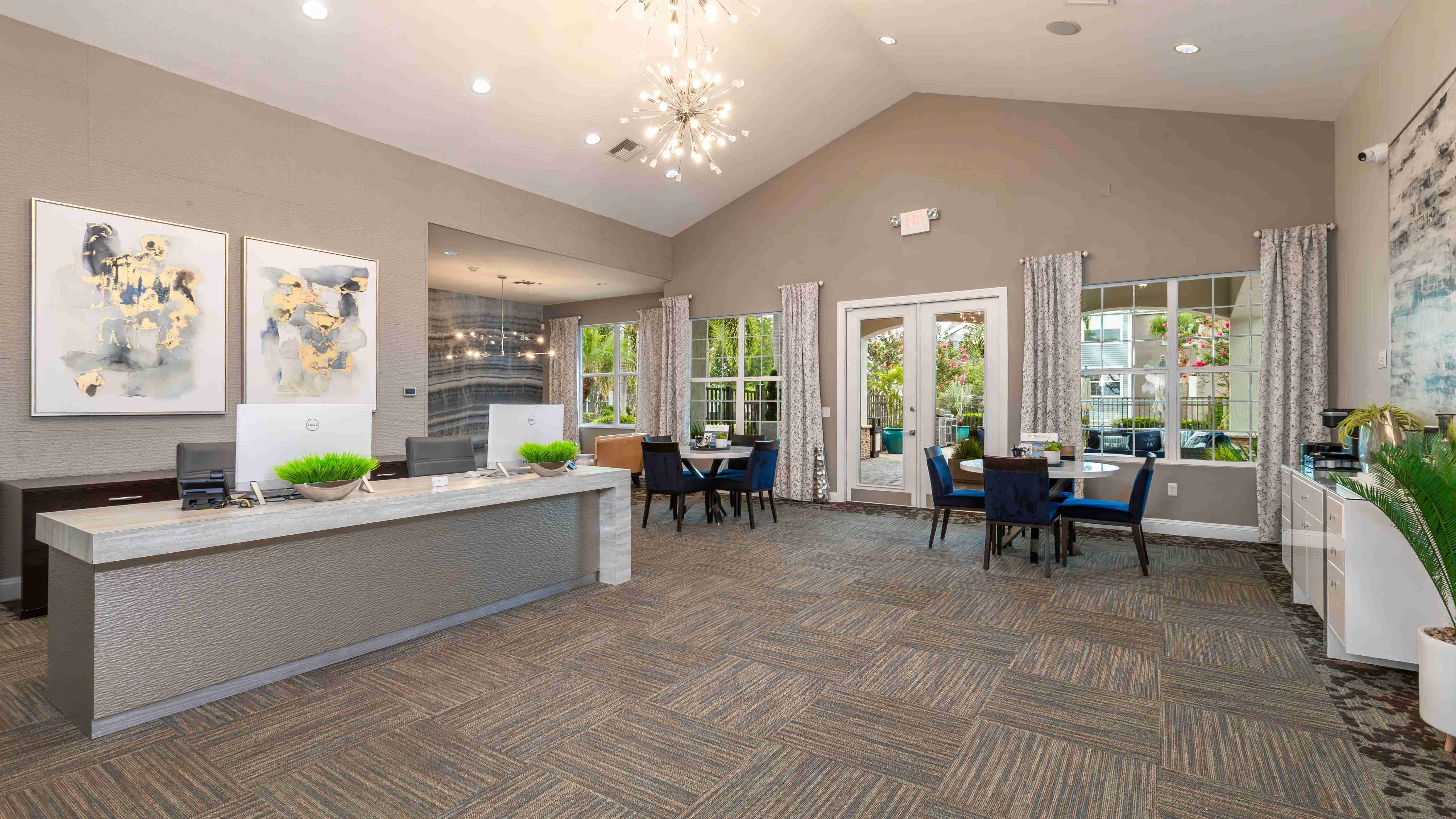 Step into our modern clubhouse and leasing center, where stylish design and friendly service set the tone for upscale Clermont apartment living.
