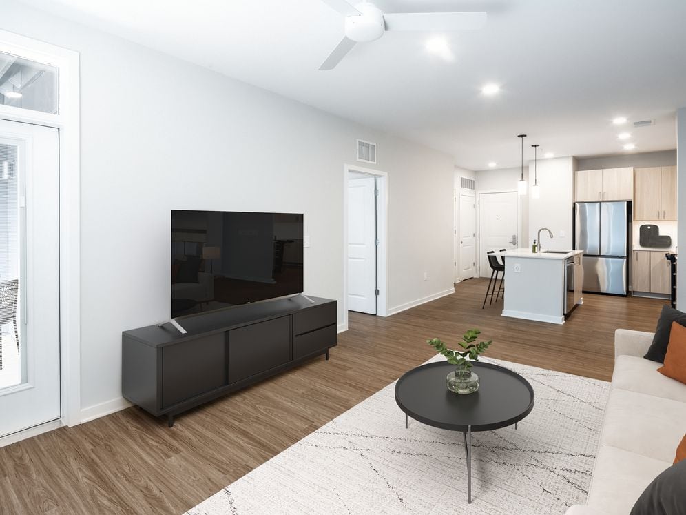 Design Collection II kitchen and living room with hard surface flooring