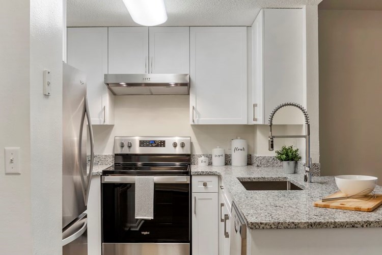 Renovated Package II kitchen with white cabinetry, quartz countertops, stainless steel appliances, and hard surface flooring