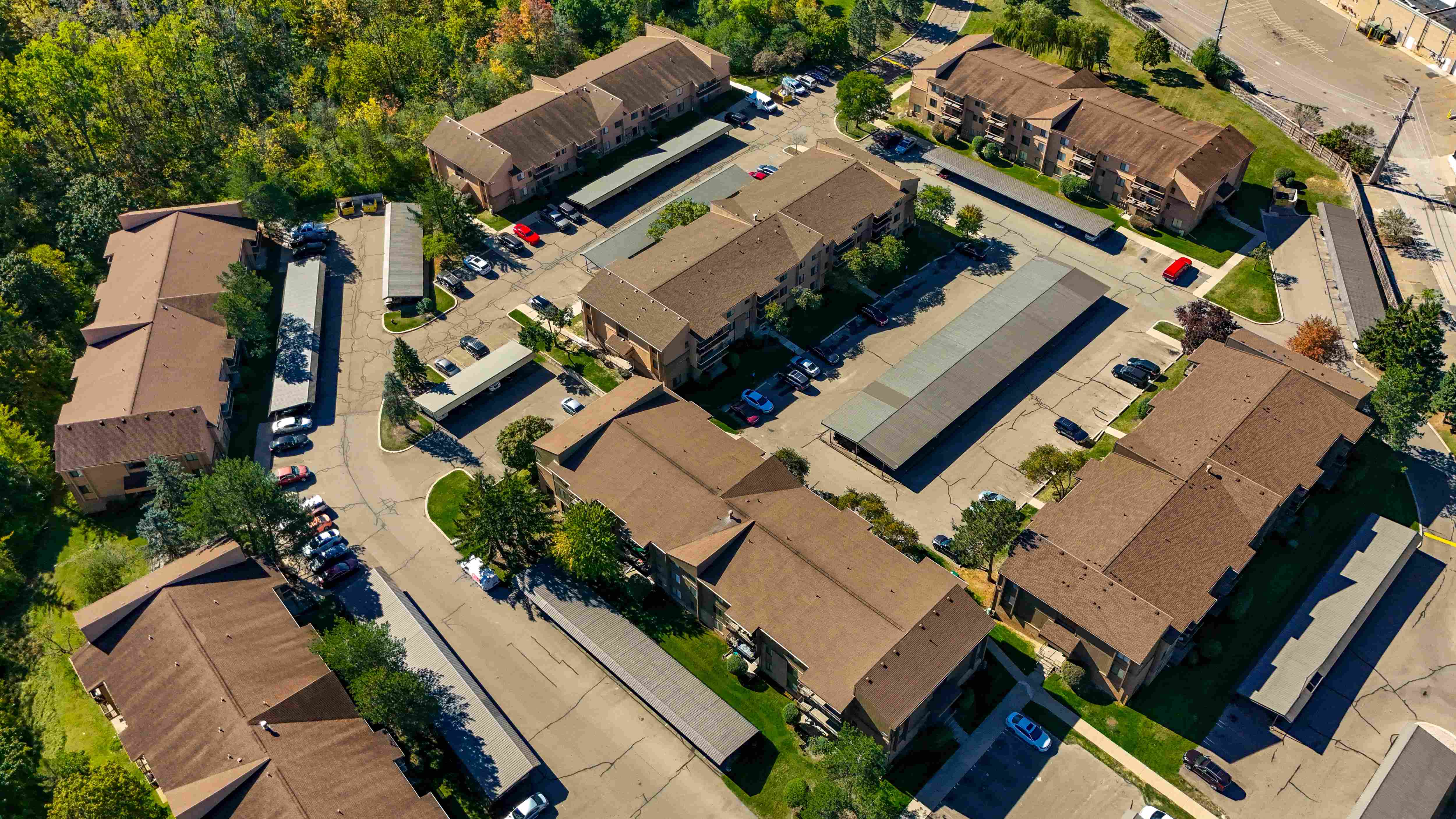 Aerial Community View with Carports at Franklin River Apartments in Southfield, MI