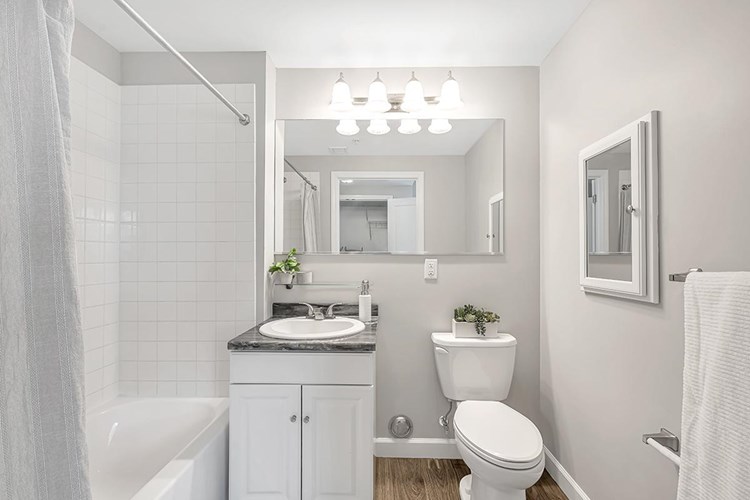 Bathrooms feature granite-style countertops, wood-style flooring, and large mirrors.