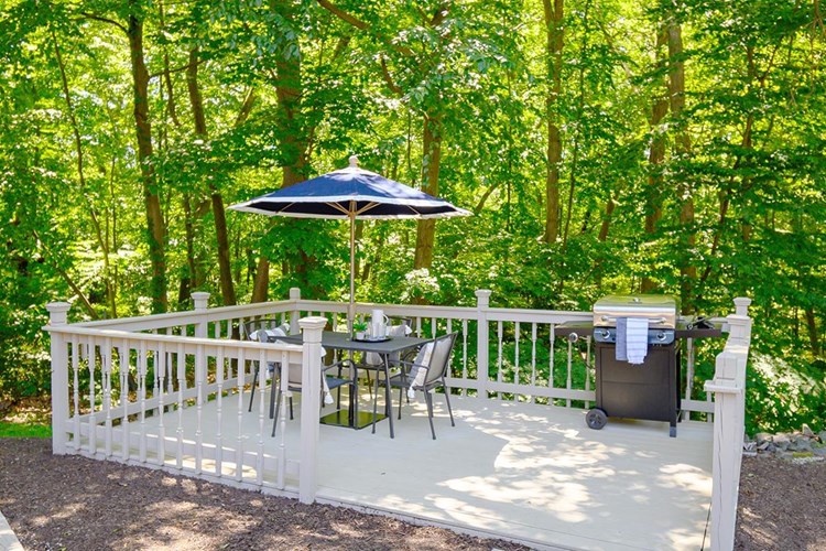 Have a cookout on our picnic deck featuring a gas grill and a table with umbrella.