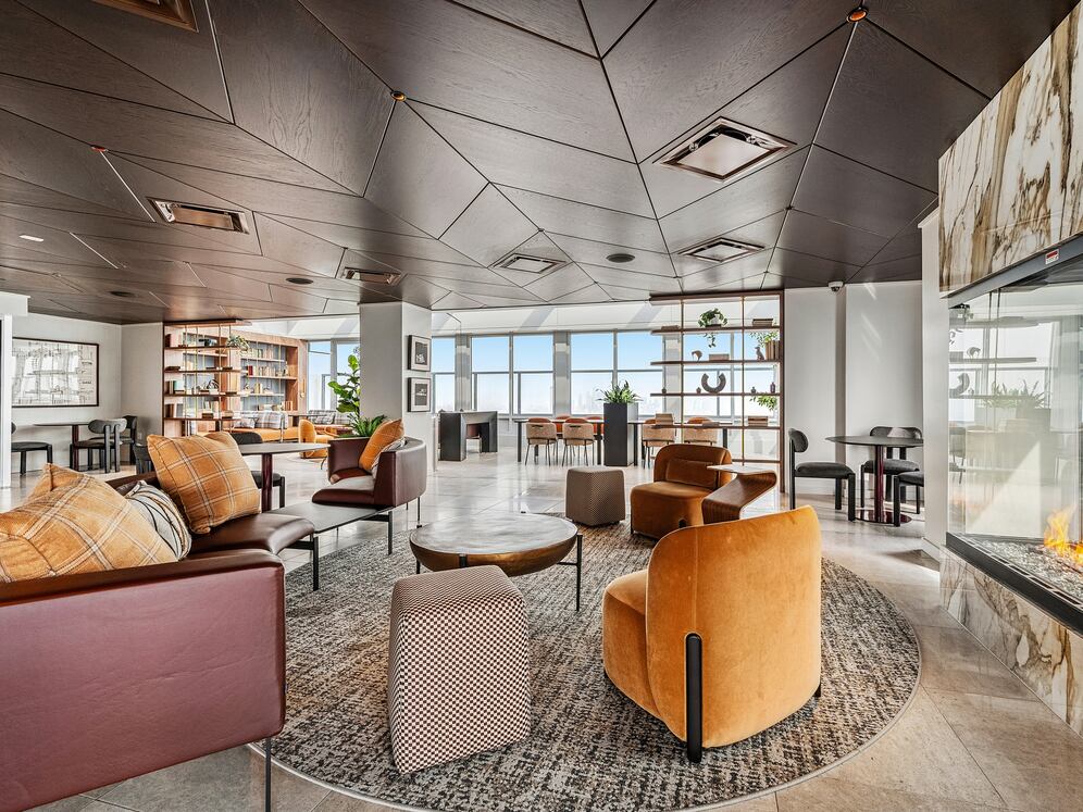 Rooftop lounge with fireplace