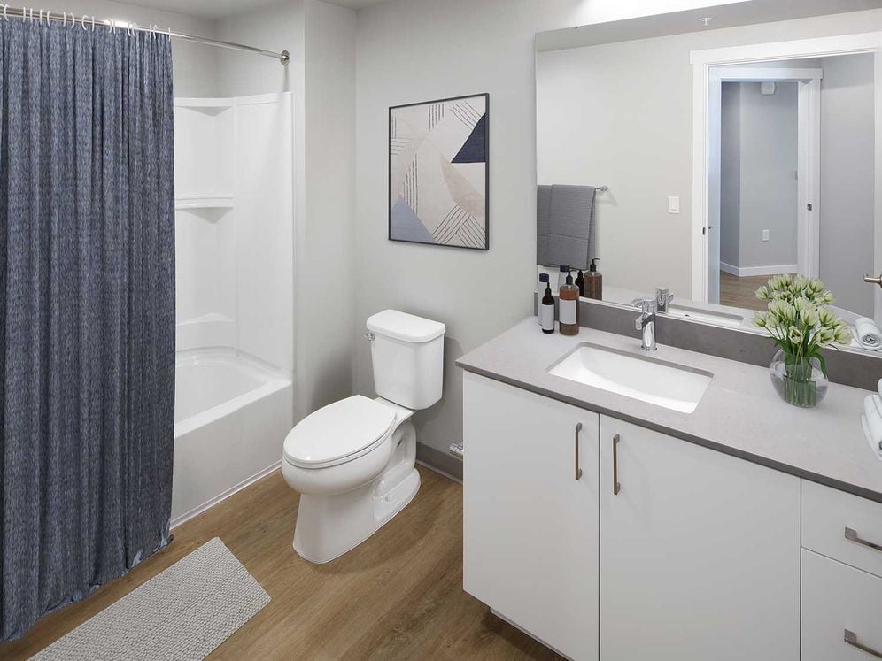 Design Collection I Bath with white cabinetry, grey quartz countertop, and hard surface flooring