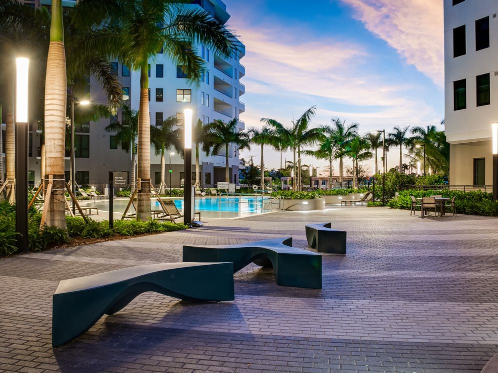 Pool Courtyard and Walkway at Dusk