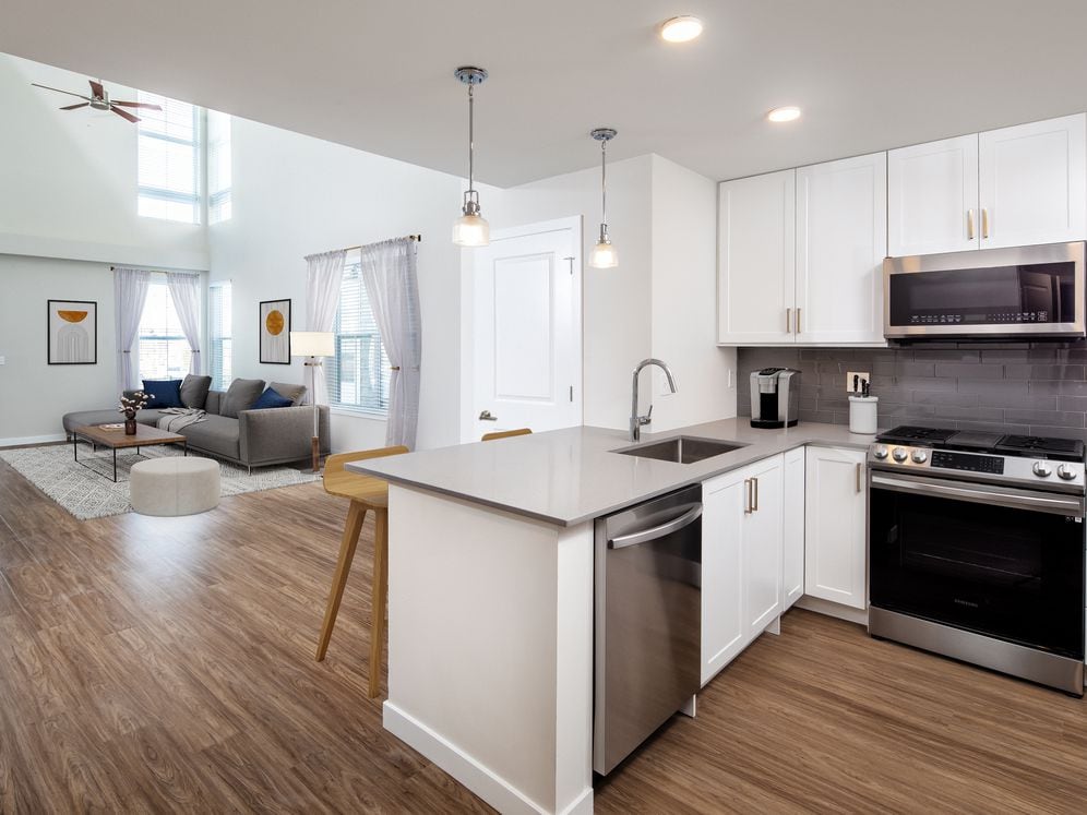 Finish Scheme 1 kitchen, living room, and dining area