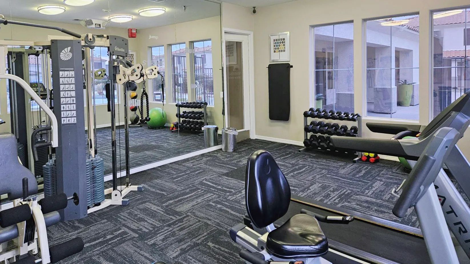 Our community fitness room has everything you need—from free weights to training ropes—to elevate your fitness.