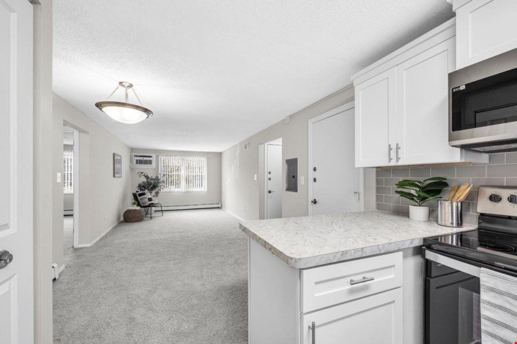Some kitchens feature a breakfast bar overlooking the living area.