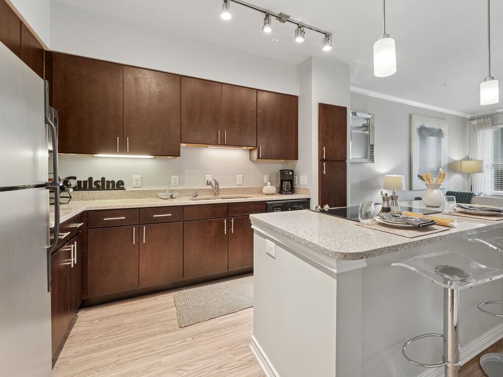 Kitchen with dark cabinetry, beige speckled granite countertops, stainless steel appliances, and hard surface flooring