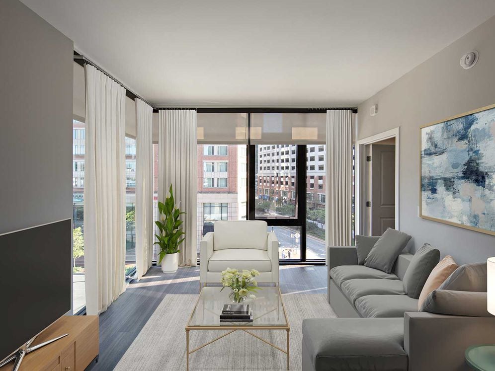 Design Collection II Living area with hard surface flooring and floor-to-ceiling windows