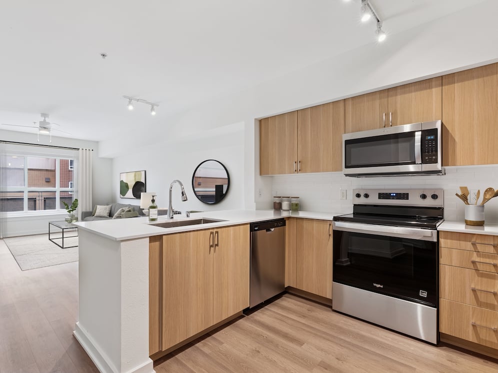 Renovated Package II kitchen and living area with hard surface flooring