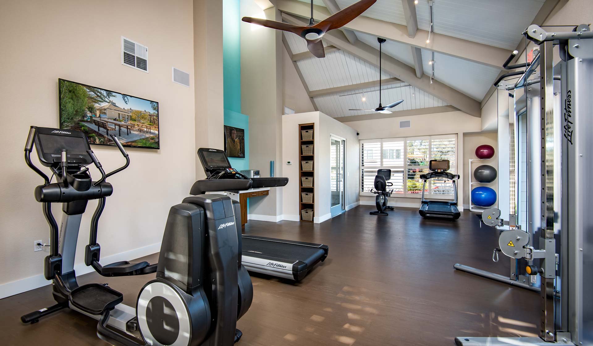 Fitness center features free weights, medicine balls and stability balls