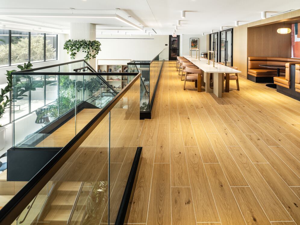 Upper-level resident lounge with co-workspaces 