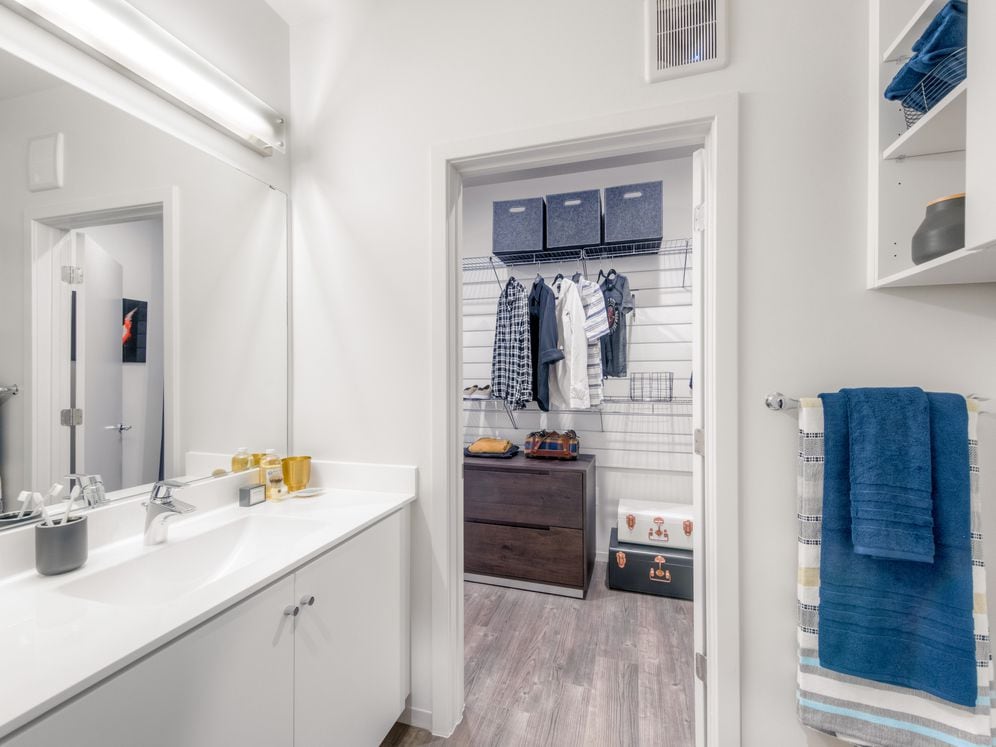 Bath with white countertop and white cabinetry