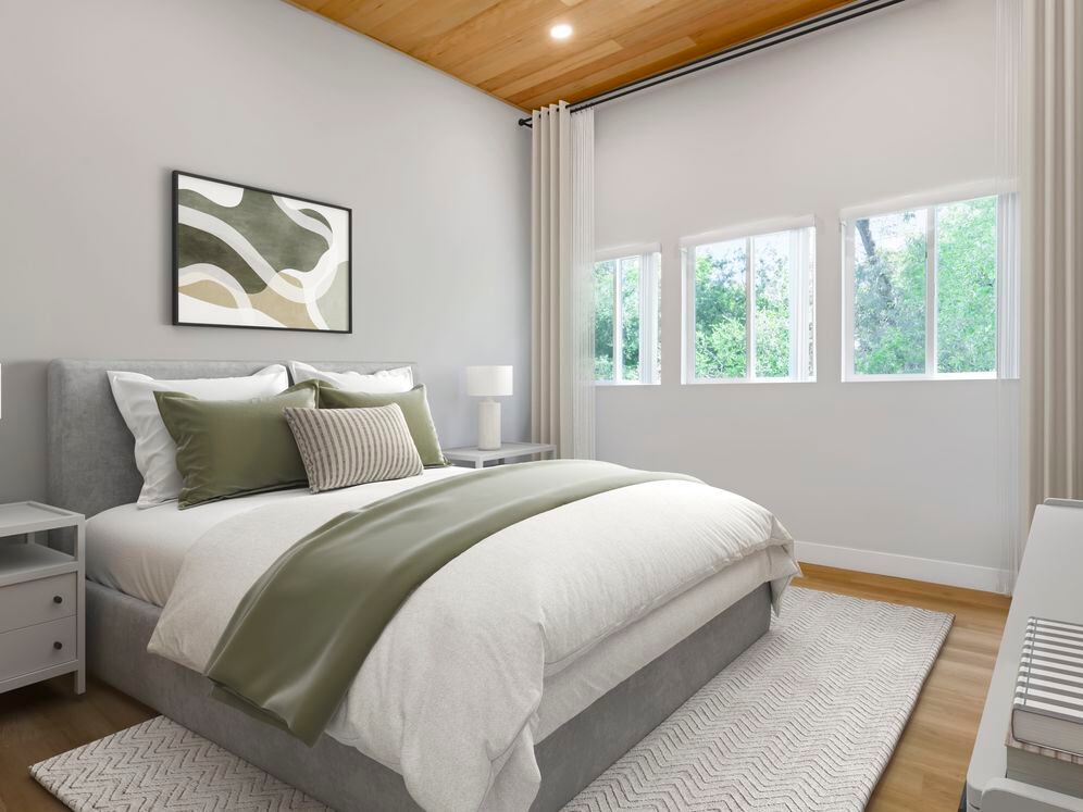 Freestanding Home bedroom with hard surface flooring