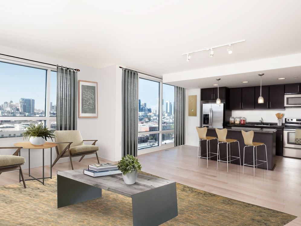 Classic Phase III kitchen, living, and dining areas with hard surface flooring