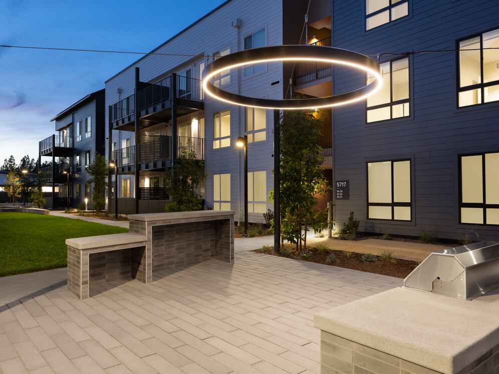 Landscaped courtyard with grill stations