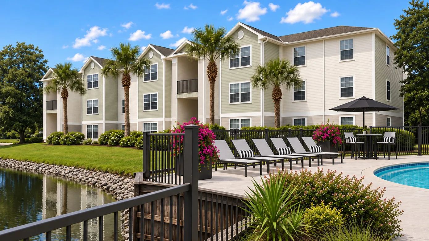 Enjoy a relaxing poolside setting at Indigo Isles, featuring stylish lounge furniture, tropical landscaping, and scenic views of the community’s refreshed building exteriors.