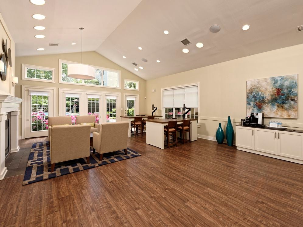 Leasing office with coffee bar, fireplace and lounge seating