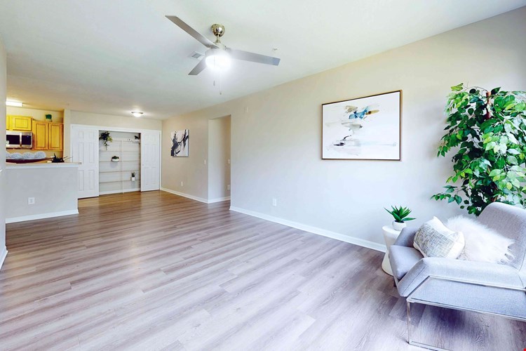 Step into modern elegance with our signature living and dining area at Eagle's Pointe. Revel in the luxury of wood-style flooring and sleek, contemporary ceiling fans.