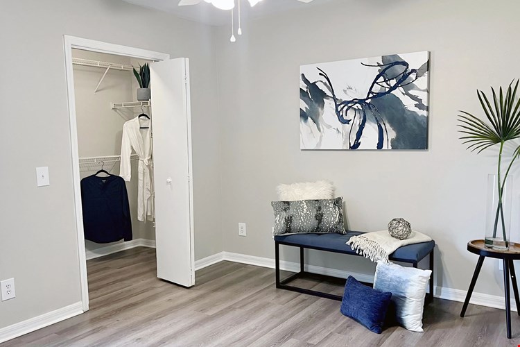 Experience the epitome of comfort in our signature master bedroom at Eagle's Pointe featuring sleek wood-style flooring, a spacious walk-in closet, and a convenient lighted ceiling fan.