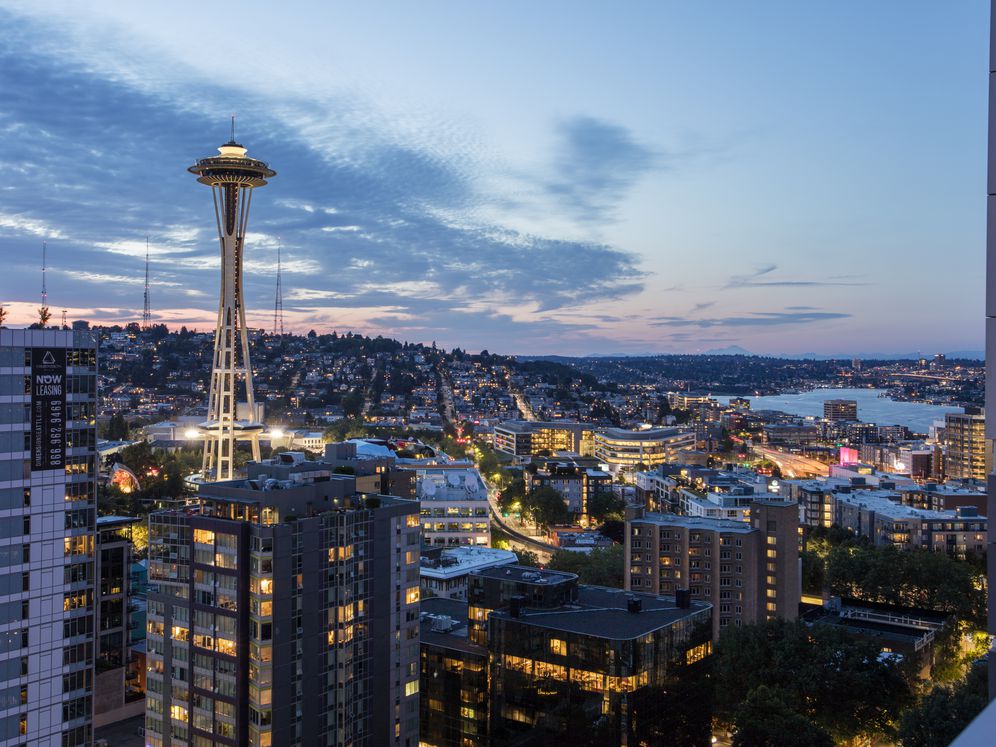 Views of the Space Needle from apartment building.