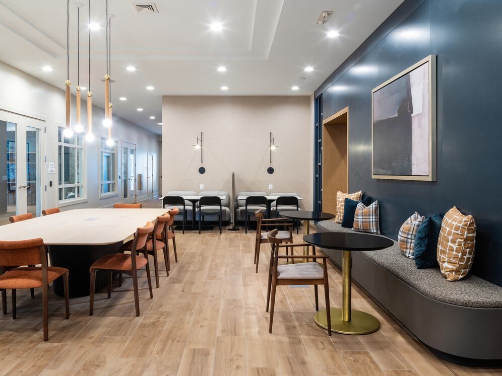 Lobby with lounge seating and coworking spaces