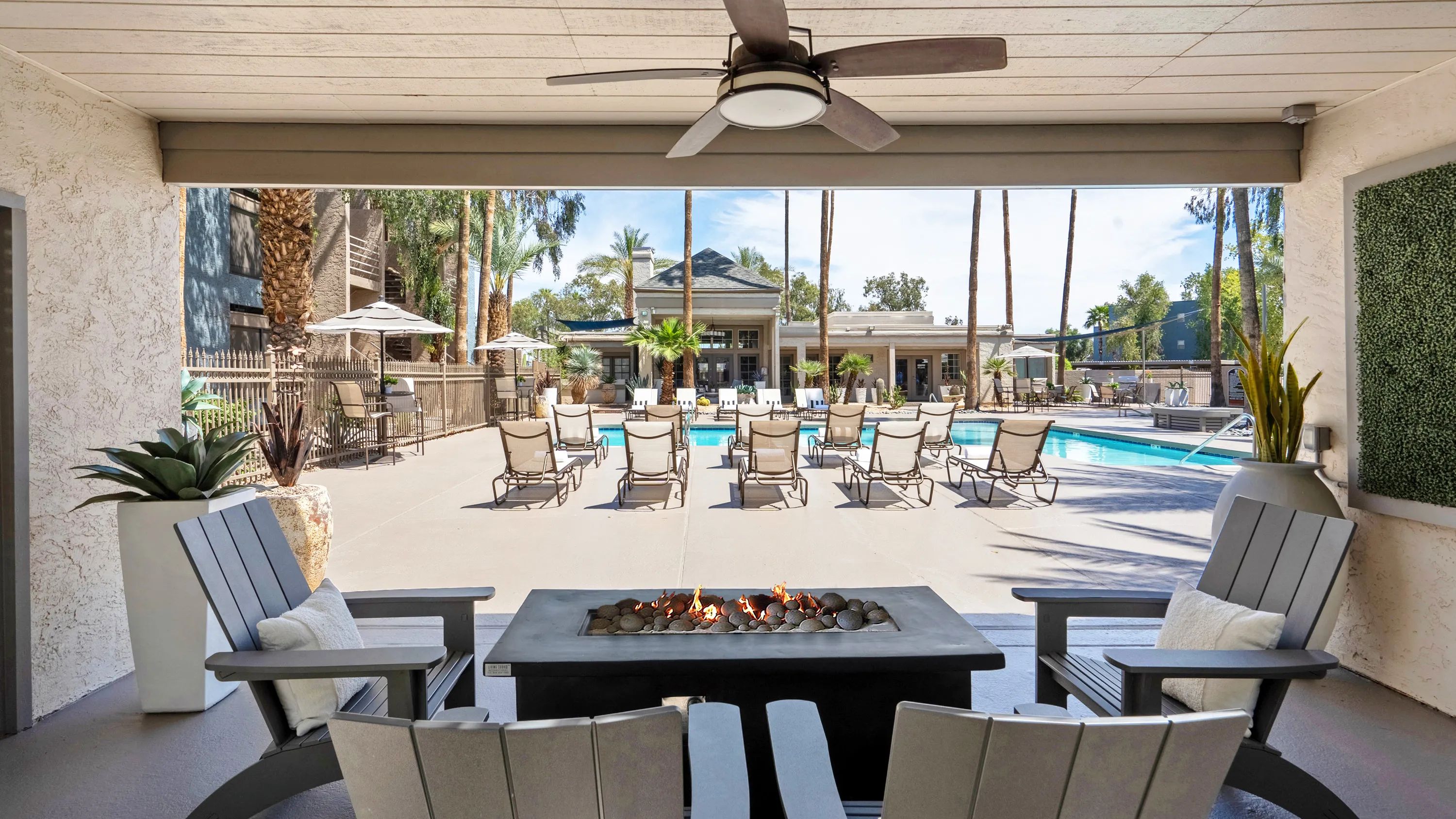 Our poolside fire pit is the epitome of relaxation. Escape under a breezy fan and enjoy the warm glow chatting with friends. 