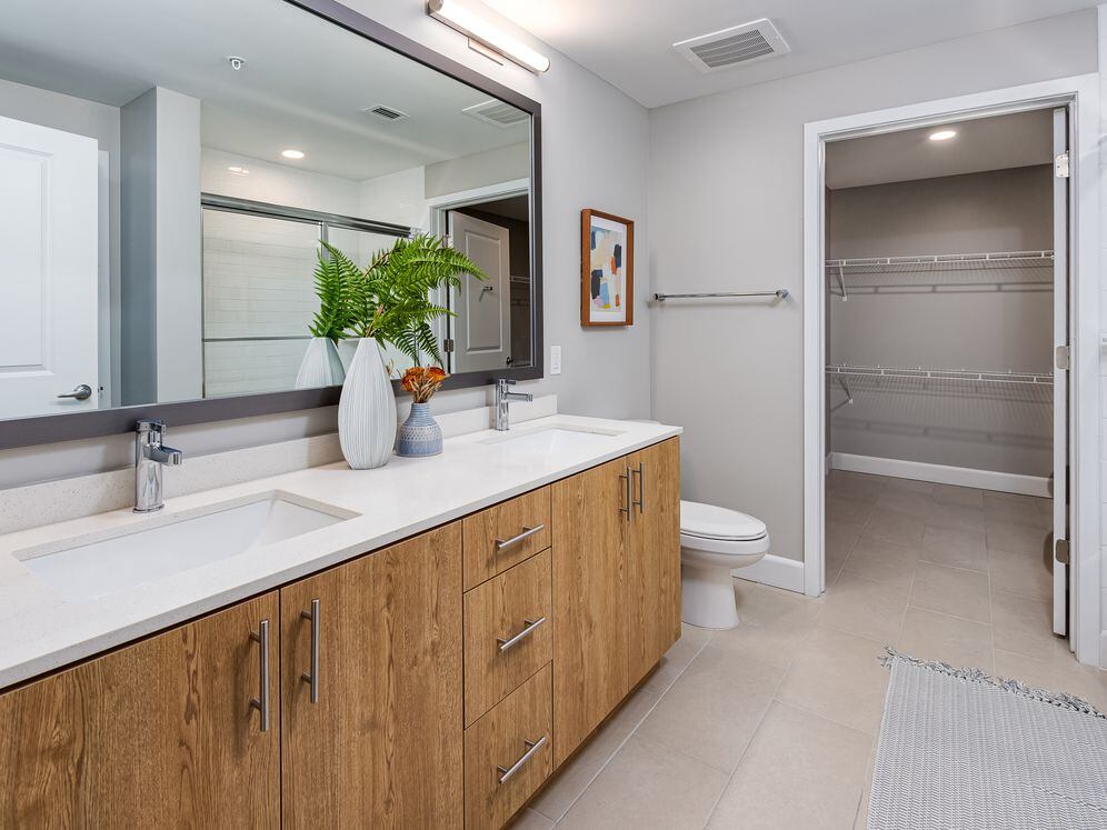 Dual vanity bathroom with quartz countertop and spacious, walk-in closet