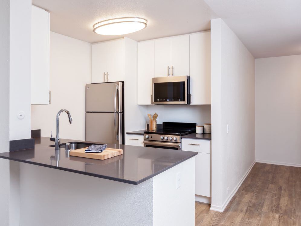 Renovated Package I kitchen with stainless steel appliances, dark grey quartz countertops, white cabinetry, and hard surface flooring